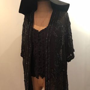 NWOT Aryn K Anthropologie Navy Blue Sheer Iridescent Beaded Cardigan Size Small